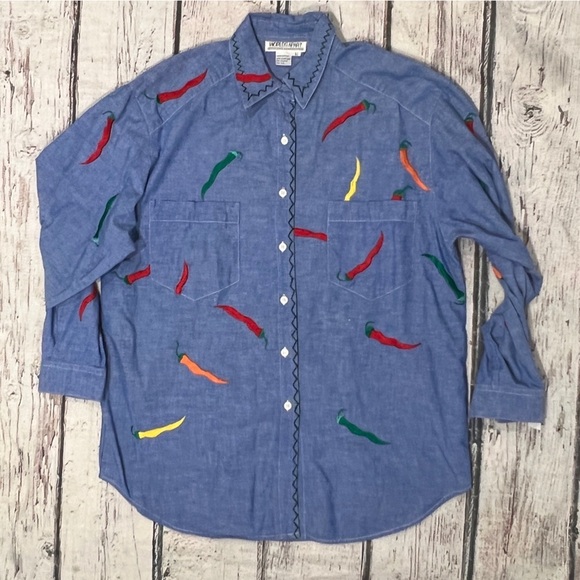 Vintage Tops - Chili Peppers VTG 1980s Womens Blue Denim Button Up Long Sleeve Shirt